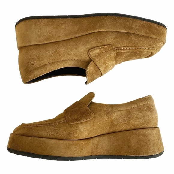 LA CANADIENNE TAN NEUTRAL SUEDE CHUNKY PLATFORM FLAT LOAFERS - 35 - Picture 2 of 9